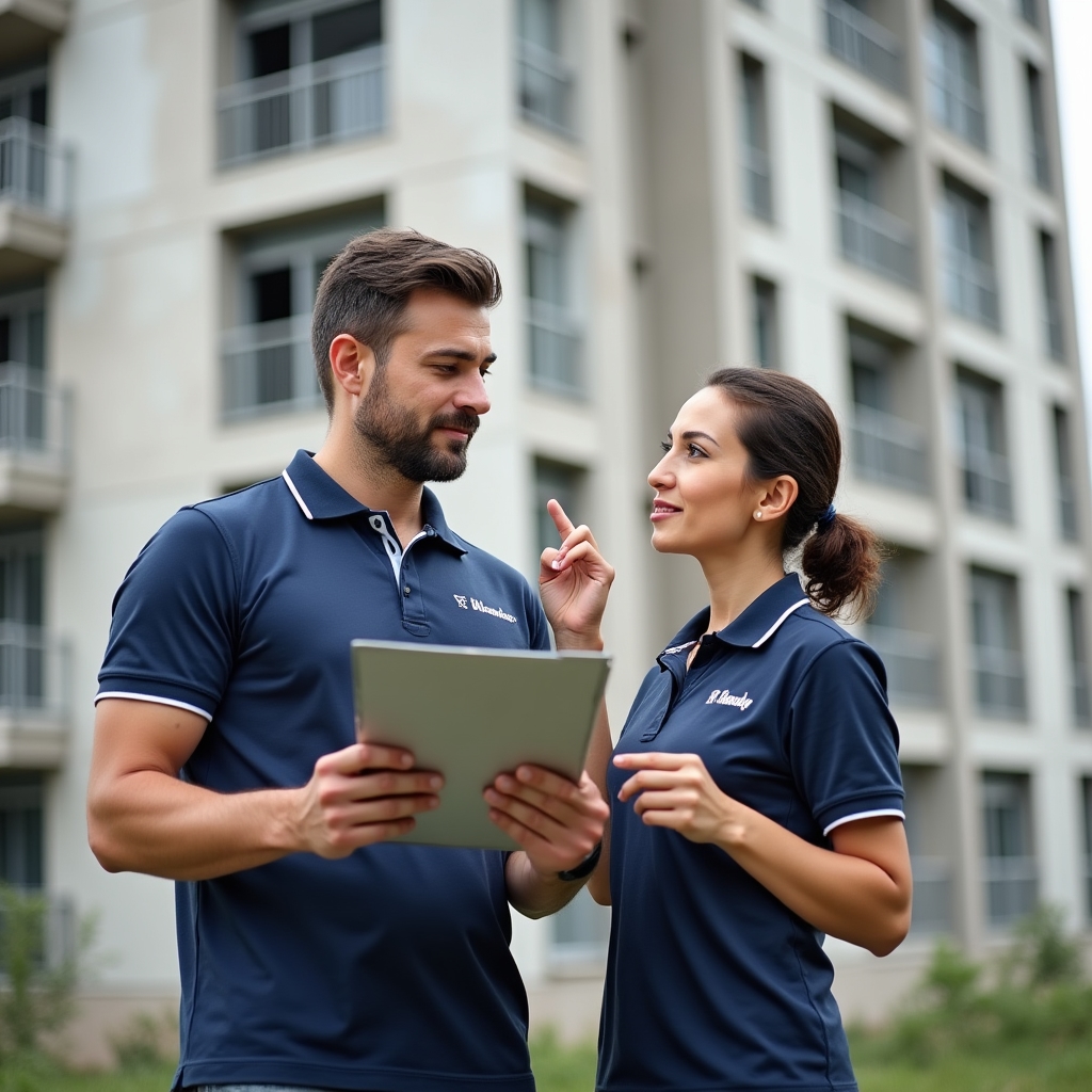 Команда осматривает фасад многоквартирного дома перед началом работ